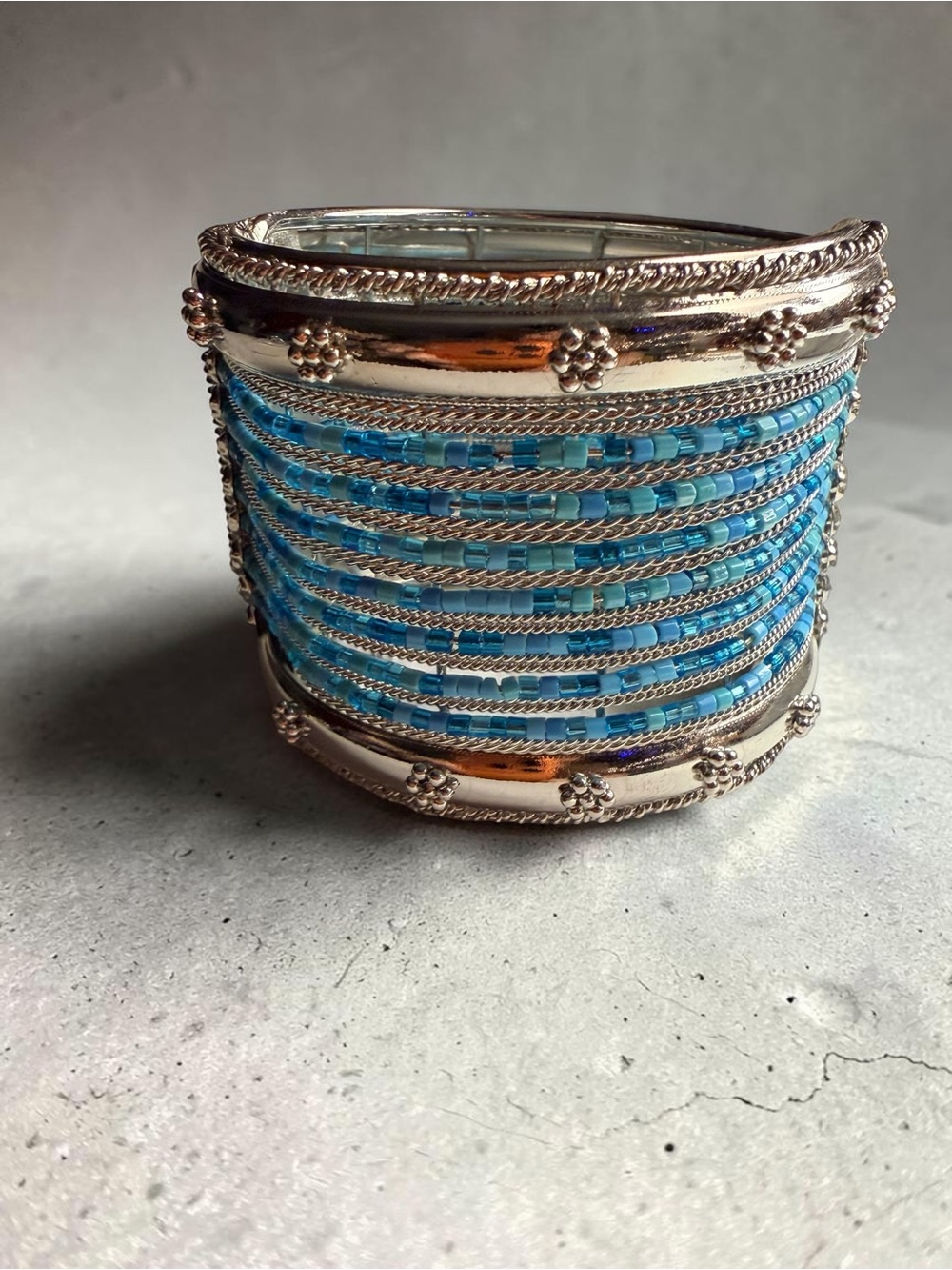 Silver-Tone Cuff Bracelet with Blue Beaded Strands - Picture 3 of 4